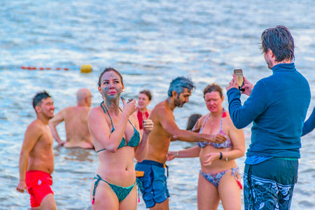 JERUSALEM, ISRAEL, DECEMBER - 2019 - People enjoying famous dead sea kalia beach, israelのeditorial素材