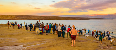 JERUSALEM, ISRAEL, DECEMBER - 2019 - Tourist at famous dead sea kalia beach, israelのeditorial素材