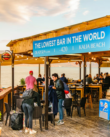 JERUSALEM, ISRAEL, DECEMBER - 2019 - Rustic style waterfront bar, dead sea kalia beach, israelのeditorial素材