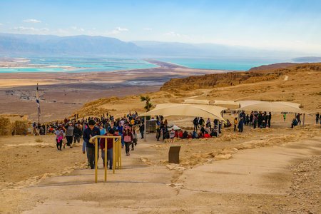 JUDEA, ISRAEL, DECEMBER - 2019 - Tourists crowd at masada national park fort, Judea, Israelのeditorial素材