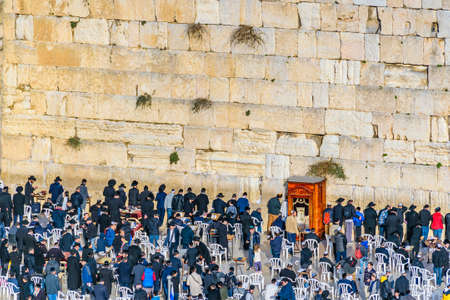 JERUSALEM, ISRAEL, DECEMBER - 2019 - Aerial view crowd at famous wailing wall, old jerusalem city