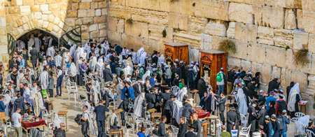 JERUSALEM, ISRAEL, DECEMBER - 2019 - Aerial view crowd at famous wailing wall, old jerusalem city