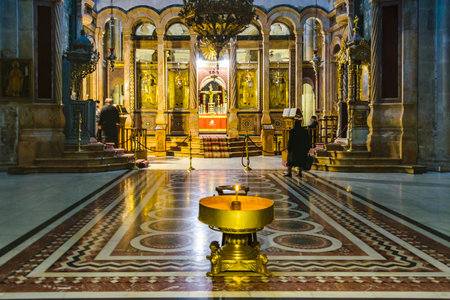JERUSALEM, ISRAEL, DECEMBER - 2019 - Interior scene of holy sepulcher church, old jerusalem cityのeditorial素材