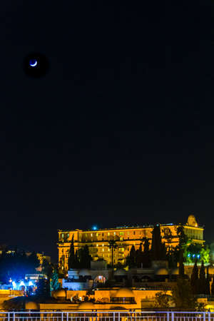 Night scene at exterior of ancient Jerusalem wallsの写真素材
