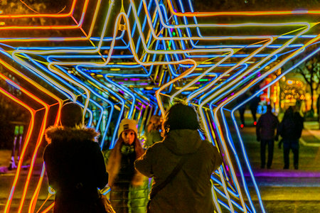 Stars shape with light decoration at peripatos street, athens, greece