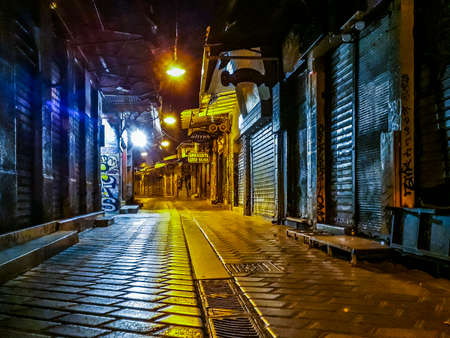 ATHENS, GREECE, JANUARY - 2020 - Empty urban night scene at monastiraki flea market.のeditorial素材