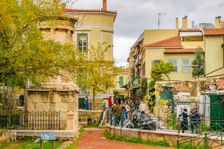 ATHENS, GREECE, DECEMBER - 2019 - Day urban scene at famous plaka neighborhood, athens, greece,のeditorial素材