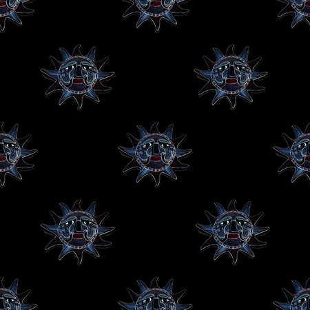 Blue sun sculpture motif over black seamless pattern background