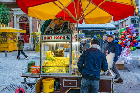ATHENS, GREECE, DECEMBER - 2020 - Traditional food stalls at pedestrian in snytagma district, athens, greece,のeditorial素材