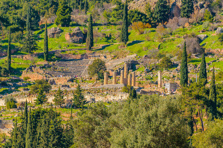 Sunny day scene famous delfos oracle building, greece