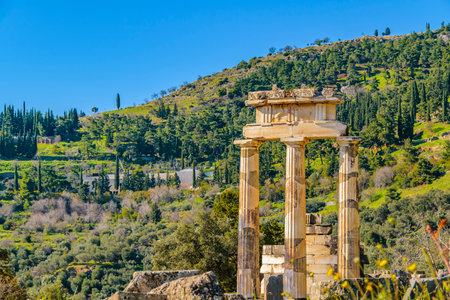 Sunny day scene famous delfos oracle building, greece