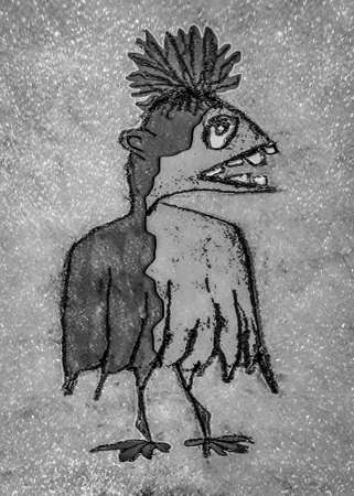 Sketchy style black and white bird full body portrait illustrationの写真素材