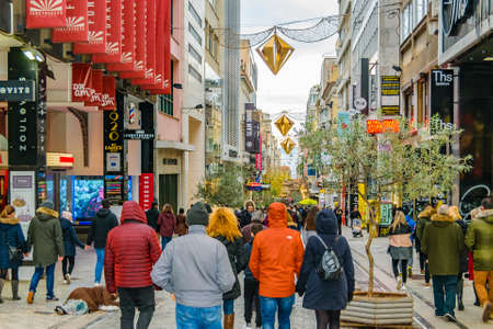 ATHENS, GREECE, JANUARY - 2020 - Winter urban day scene at ermou, a famous pedestrian street of syntagma district, athens, greeceのeditorial素材
