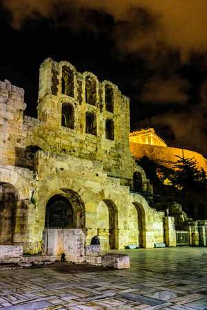 Night scene at famous herodes theater, athens city, greeceの写真素材