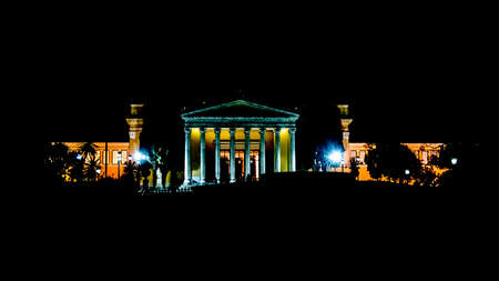 ATHENS, GREECE, JANUARY - 2020 - Night scene exterior facade archaeological musuem of athensのeditorial素材