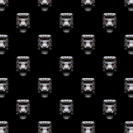 Conversational seamless pattern design with stone lion medallon collage motif in gray and black...