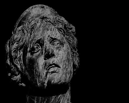 Creepy style woman head with scary expression over black backgroundのeditorial素材