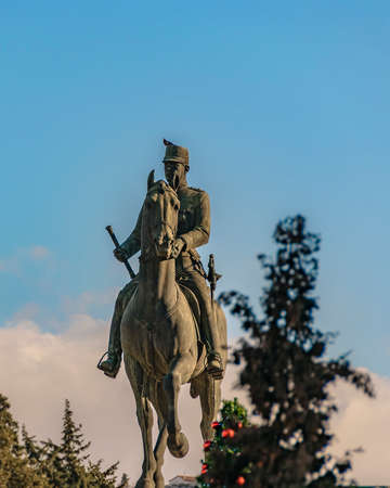 Neoclassical style rider sculpture at urban square, athens, greece
