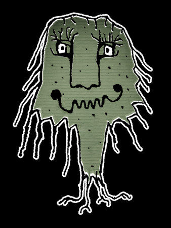 Green and black pencil drawing funny monster over black backgroundの写真素材