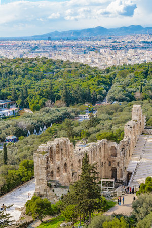 Aerial view from acropolis hill of odeon of herodes atticus, athens, greeceの写真素材