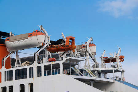 White cruise ship detail parked at piraeus port, athens, greeceの写真素材