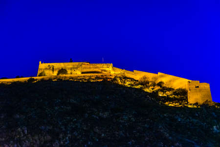 Exterior night view of famous palamidi fort, nafplion city, greeceのeditorial素材