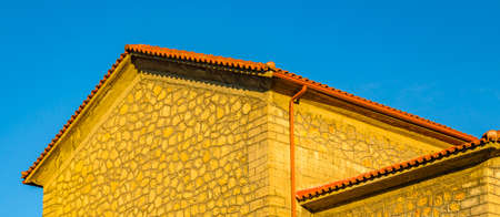 Exterior detail view medieval style building, olympia town, peloponesse, greece