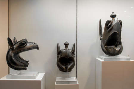 OLYMPIA, GREECE, JANUARY - 2020 - Scary birds monsters head displayed at olympia archaeological...