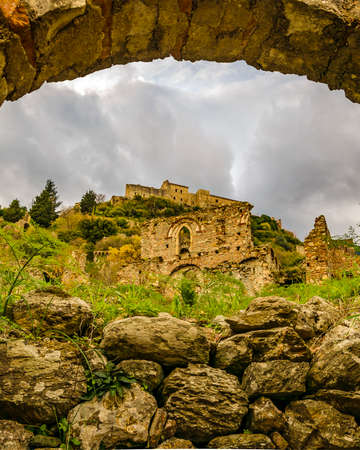 Low angle stone ruins buildings at mystras town, peloponnese, Greeceのeditorial素材
