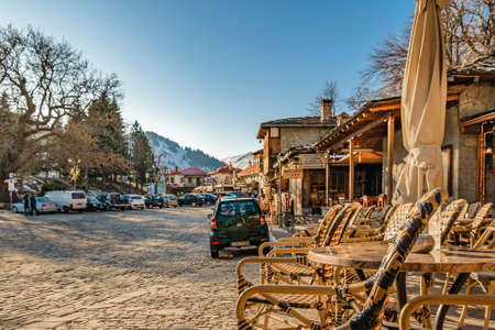 Winter urban day scene at metsovo town, greeceの写真素材
