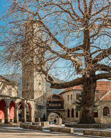 Winter urban day scene at metsovo town, greece