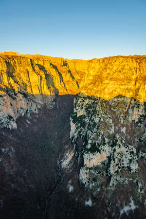 Day landscape scene at famous beloi viewpoint at vikos aoos national park, greece