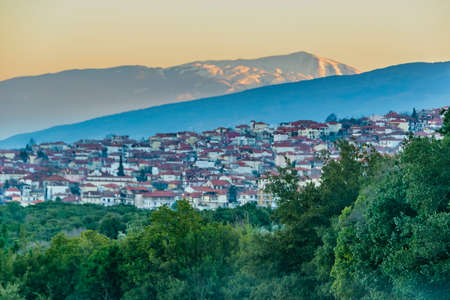 Winter day scene crowded town over mountain, metsovo, greeceの写真素材