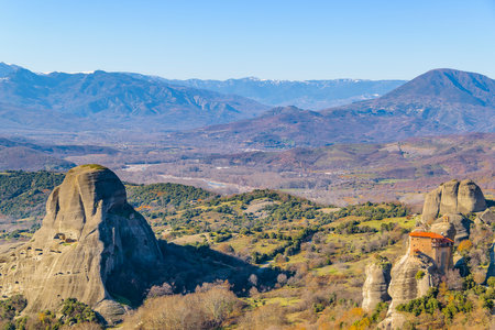 Rocky landscape scene at meteora site, thessaly, greece.の写真素材