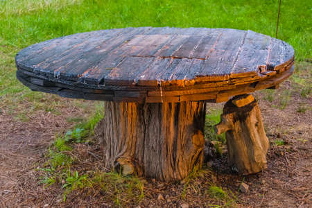 Rustic wooden style table at countryside environment, maldonado, uruguay