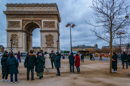 PARIS, FRANCE, JANUARY - 2020 - Exterior view of famous triumph arch monument, paris, france