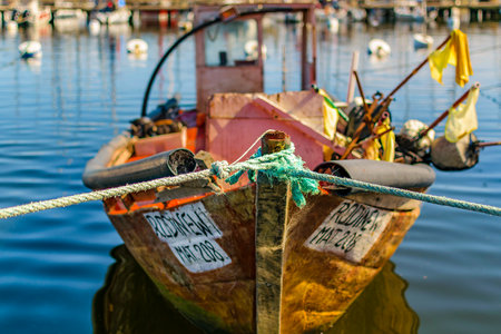 PIRIAPOLIS, URUGUAY, MARCH - 2022 - Rustic fishing boat parked at piriapolis city port, maldonado, uruguayのeditorial素材