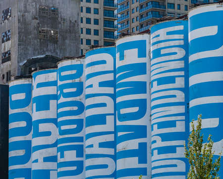 Exterior facade of artistic mills buildings, puerto madero district, buenos aires, argentina