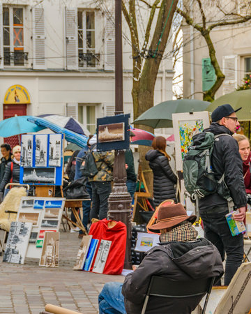 PARIS, FRANCE, JANUARY - 2020 - Winter day urban scene at famous artists tertre square, montmartre parisのeditorial素材