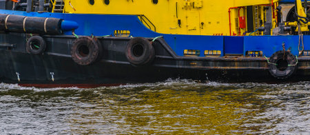 MONTEVIDEO, URUGUAY, OCTOBER - 2021 -Tugboat detail sailing at river, montevideo, uruguayの写真素材