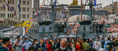 MONTEVIDEO, URUGUAY, OCTOBER - 2021 - Crowd at warships exhibtion, montevideo port, uruguay.のeditorial素材
