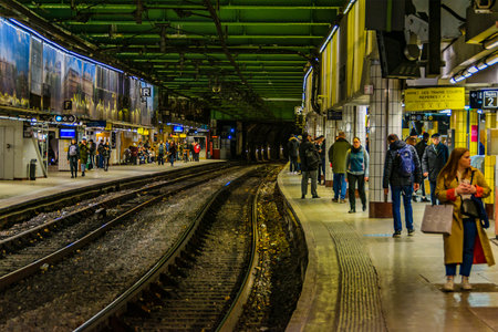 PARIS, FRANCE, JANUARY - 2020 - Interior night scene at subway, paris city, franceのeditorial素材