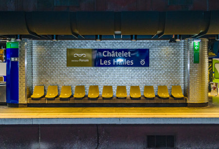 Interior night scene empty subway, paris city, franceのeditorial素材