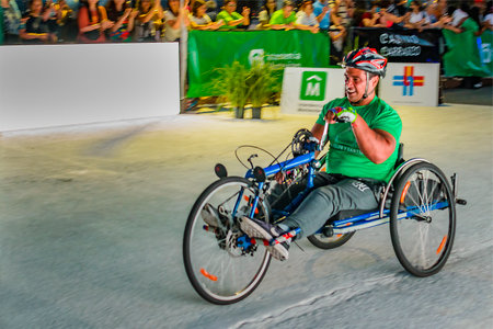MONTEVIDEO, URUGUAY, NOVEMBER - 2022 - Wheelchair athlete arriving goal at san felipe y santiago...