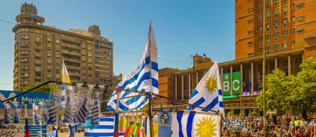 MONTEVIDEO, URUGUAY, NOVEMBER - 2022 - Uruguayan soccer souvenirs at street standのeditorial素材