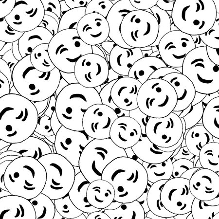 Winking emoticon sketchy drawing motif black and white random patternの写真素材