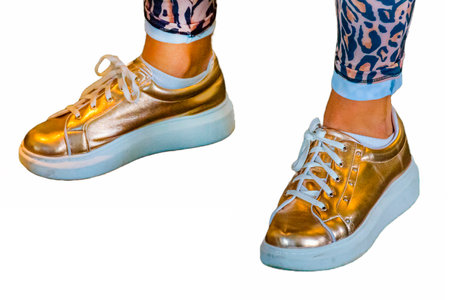 Leopard print and golden sneakers detail woman isolated photoの写真素材