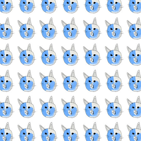 Cat head drawn by child motif random blue and white pastel colors patternの写真素材