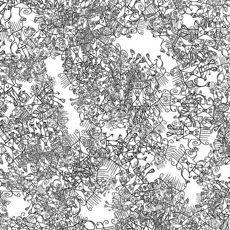 Sketchy cute fantasy caricature with happy expression black and white illustration motif random patternの写真素材