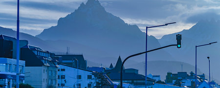 Ushuaia, Argentina; May 10 2023: Urban street scene with mountains in background at ushuaia city, tierra del fuego, argentinのeditorial素材